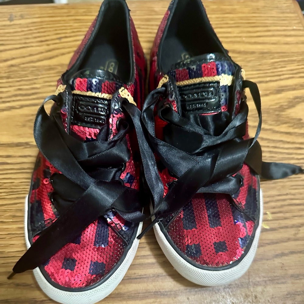 Coach Stylish Red and Black Sequin Sneakers size 5 1/2 b style WILLA